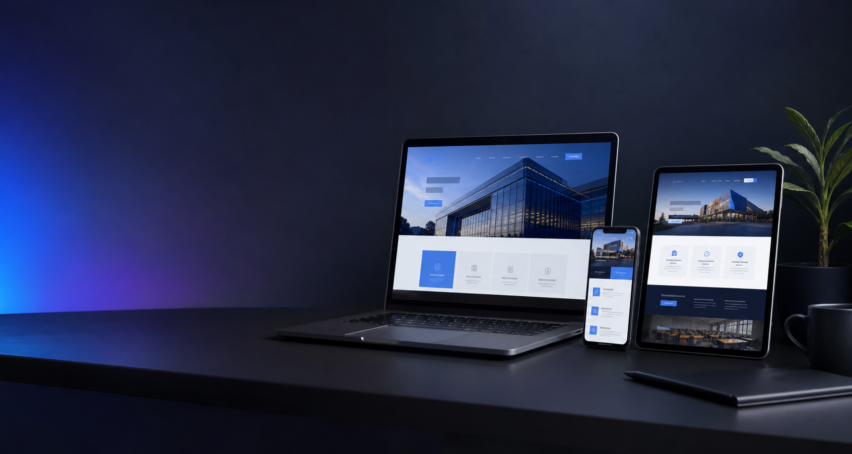 Modern website mockups on laptop, tablet, and phone